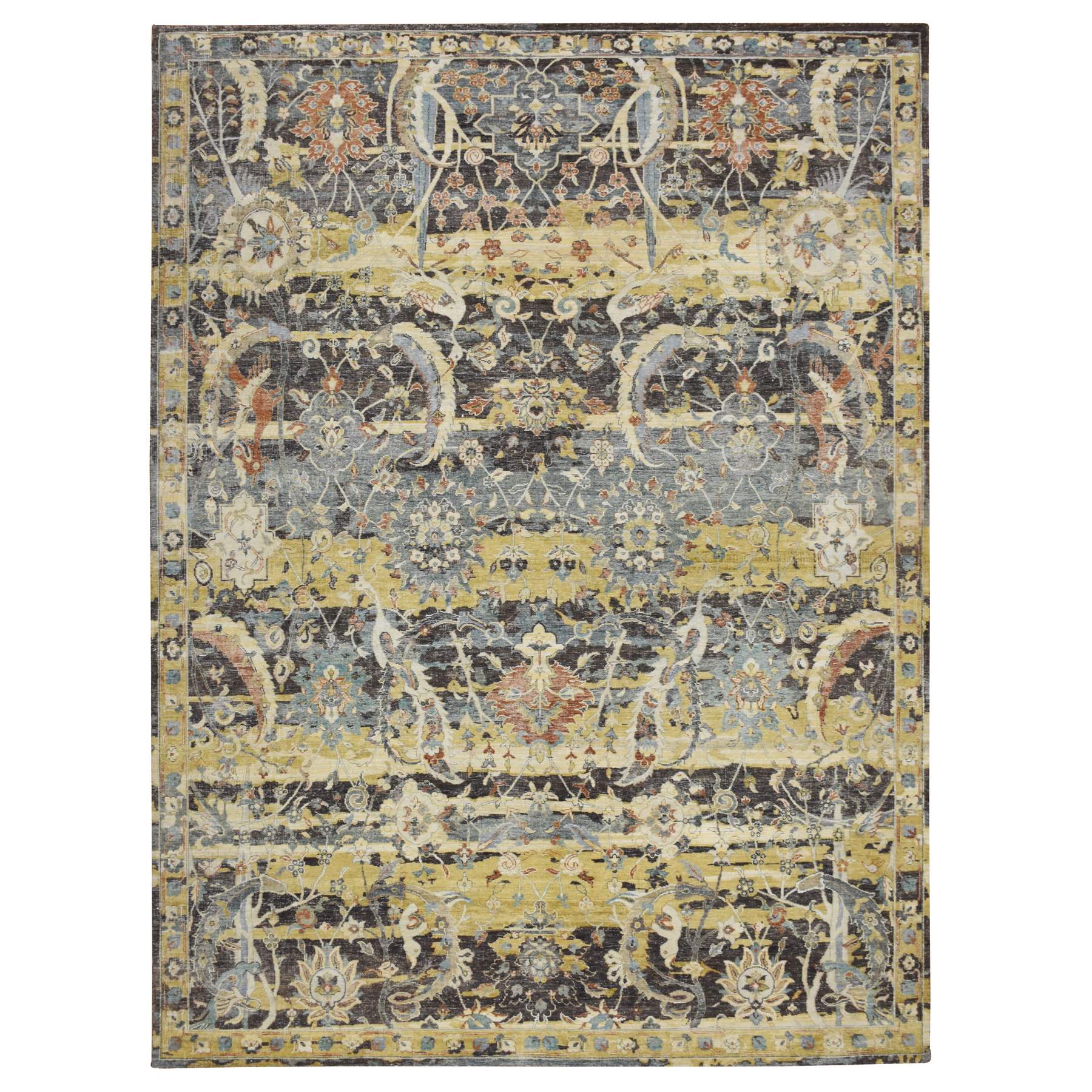 9'x12'2" Coffee Brown, Broken and Erased Persian Inspired with Birds Design, Hand Knotted, Distinct Abrash, Shaved Low, Pure Wool, Oriental Rug 